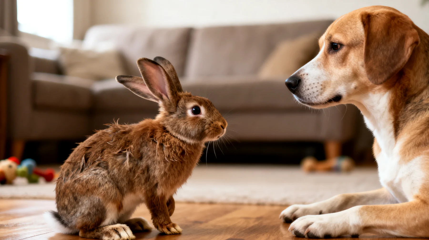 Kaninchen zeigen oft territoriales oder aggressives Verhalten gegenüber anderen Tieren im Haushalt und benötigen spezielles Training, um friedlich mit anderen Haustieren wie Katzen, Hunden oder anderen Kaninchen zusammenzuleben"